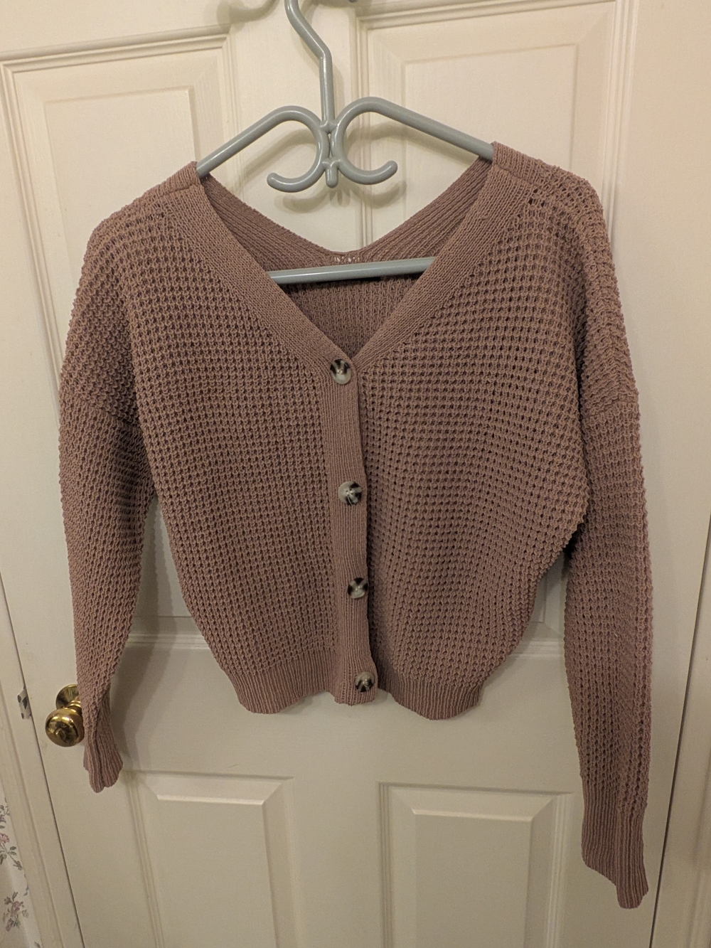 Waffle Knit Button-Front Cardigan - Mauve